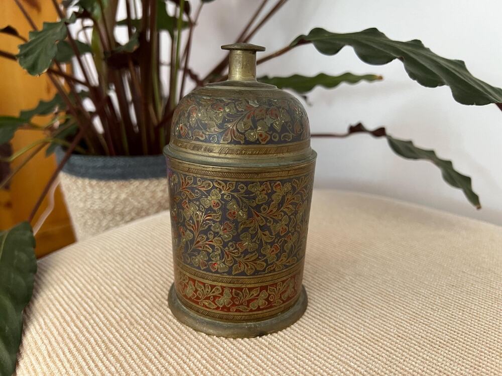 Vintage Brass Lidded Canister Hand Etched Bell Top Jar Bohemian Trinket Box